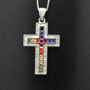 925 Silver Rainbow Sapphire Cross Pendant Necklace